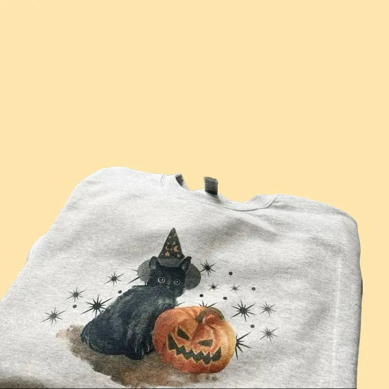 Spooky Cat Crewneck - VINTAGE WASH Halloween Spooky Season Ash Gray Sweatshirt - Black Cat and Pumpkin Crewneck