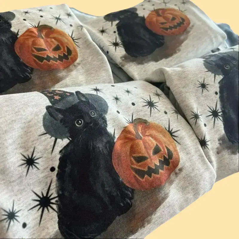 Spooky Cat Crewneck - VINTAGE WASH Halloween Spooky Season Ash Gray Sweatshirt - Black Cat and Pumpkin Crewneck