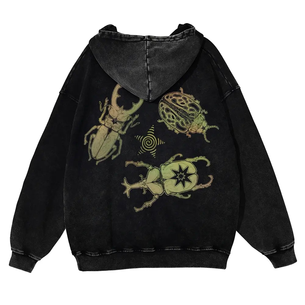 Men's Vintage Washed Oversized Long Sleeve Hoodie - Thick Cotton Blend Psychedelic Beetle Graphic Pullover, Plus Size Vintage Casual Streetwear Clothing for Jeans Pairing