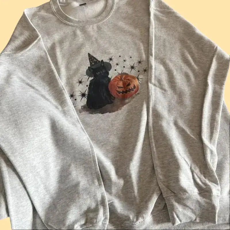 Spooky Cat Crewneck - VINTAGE WASH Halloween Spooky Season Ash Gray Sweatshirt - Black Cat and Pumpkin Crewneck