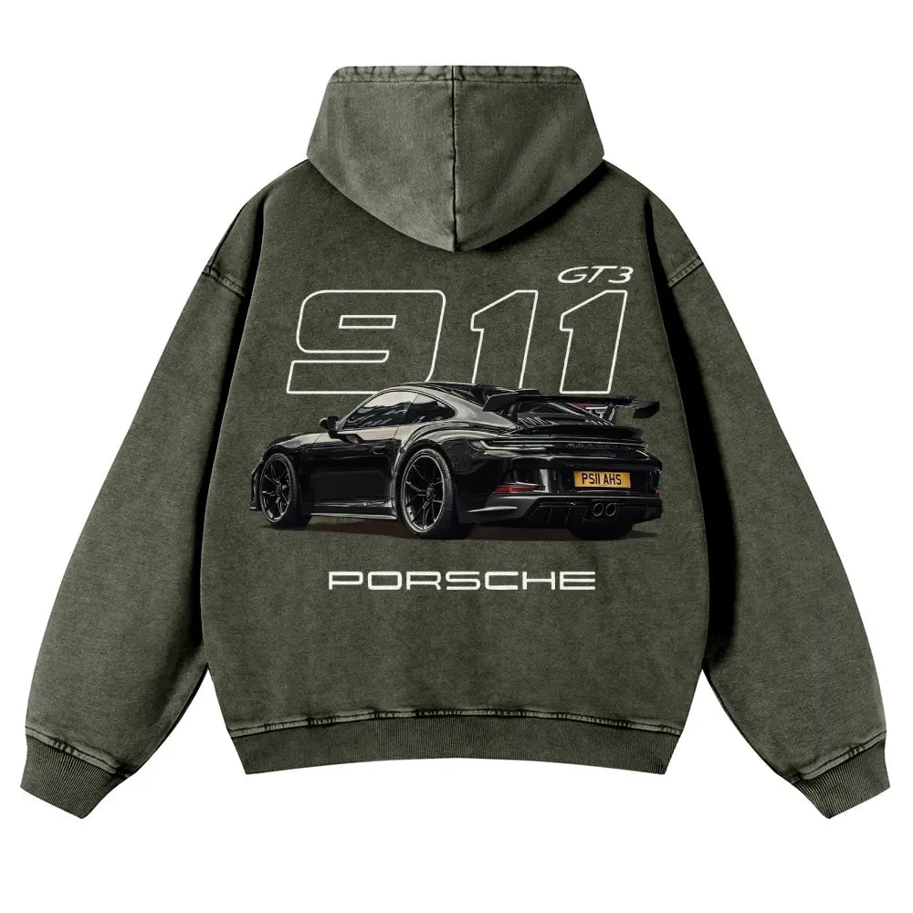 Men's 380g Thick Cotton Hoodie - 911 GT3 Graphic, Vintage Washed, Retro Fade Craft, Long-Sleeves, Unisex Pullover Tops, Soft Fabric, Street Wear Menswear Sweatshirts, Casual Warm