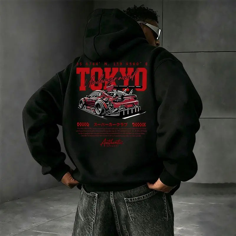 Tokyo Underground Racing Print HoodedSweatshirt, American Street Racing Graphic, LoosePullover Hoodie for Men & Women, Retro Casual Top