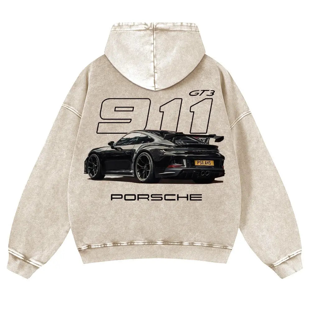 Men's 380g Thick Cotton Hoodie - 911 GT3 Graphic, Vintage Washed, Retro Fade Craft, Long-Sleeves, Unisex Pullover Tops, Soft Fabric, Street Wear Menswear Sweatshirts, Casual Warm