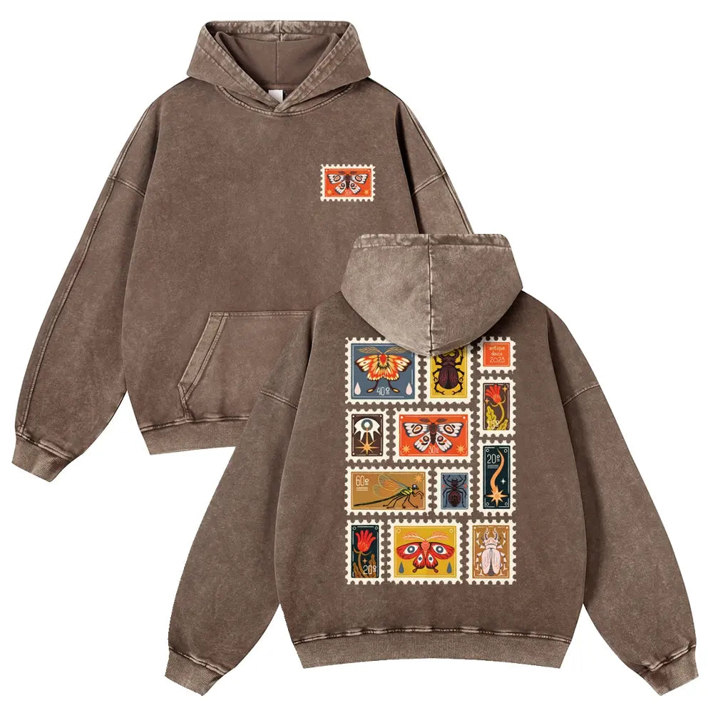 Unisex 380g Washed Brown Vintage Insect Stamp Print Cotton Pullover Hoodie - Soft, Oversize, Casual Longsleeves Tops, Vintage Clothing, 3XL Menswear Autumn Apparel, Cold Wash Compatible