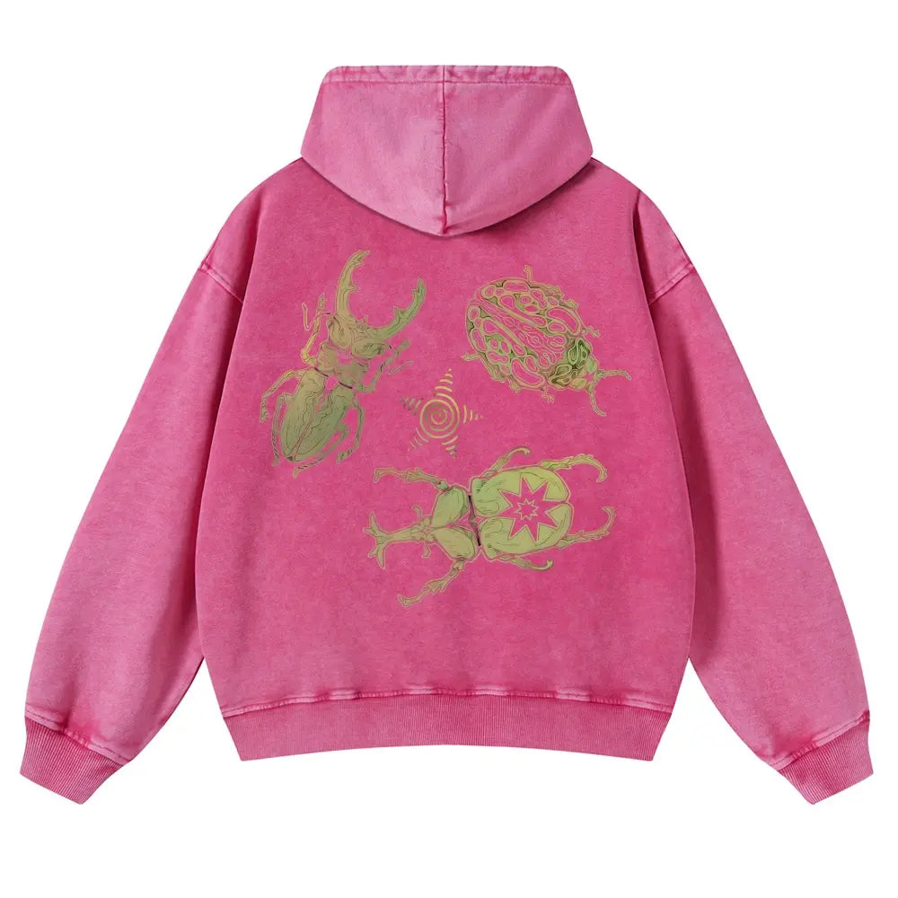 Men's Vintage Washed Oversized Long Sleeve Hoodie - Thick Cotton Blend Psychedelic Beetle Graphic Pullover, Plus Size Vintage Casual Streetwear Clothing for Jeans Pairing