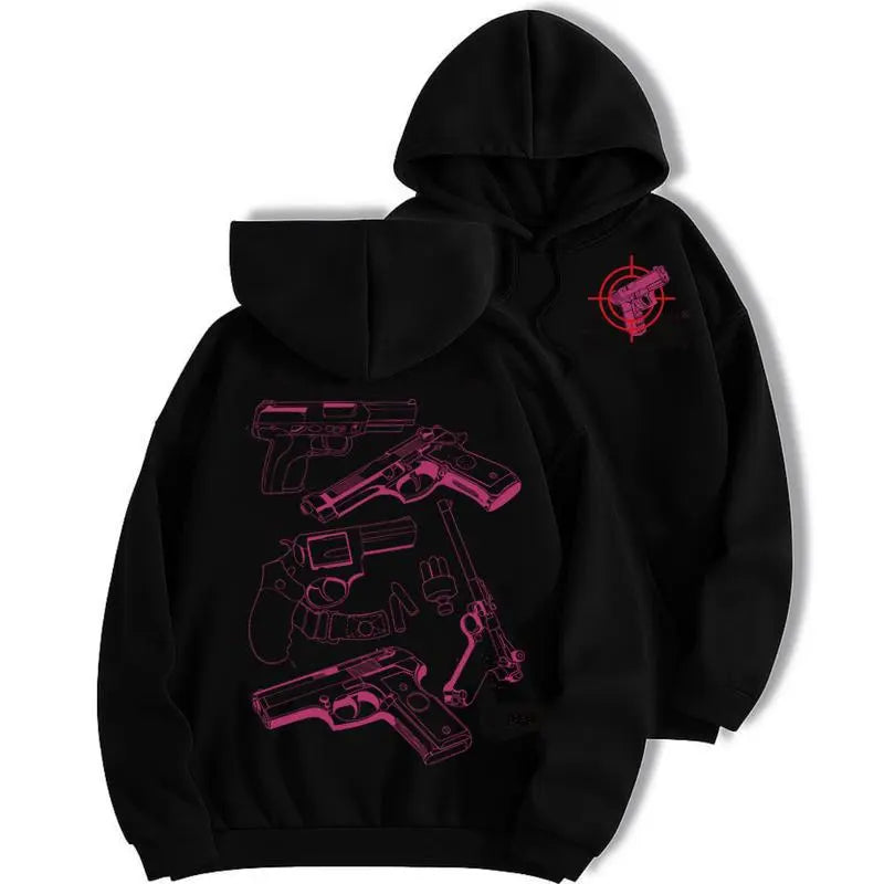 Relaxed Fit Gothic Hoodie with "In Glock We Trust" Witch Graphic, Unisex Fleece Pullover for Couples, Casual Halloween Streetwear, Cotton, M, Party, Tops, Sweatshirts, Menswear, Long Sleeve, New Year, Aesthetics, Thanksgiving