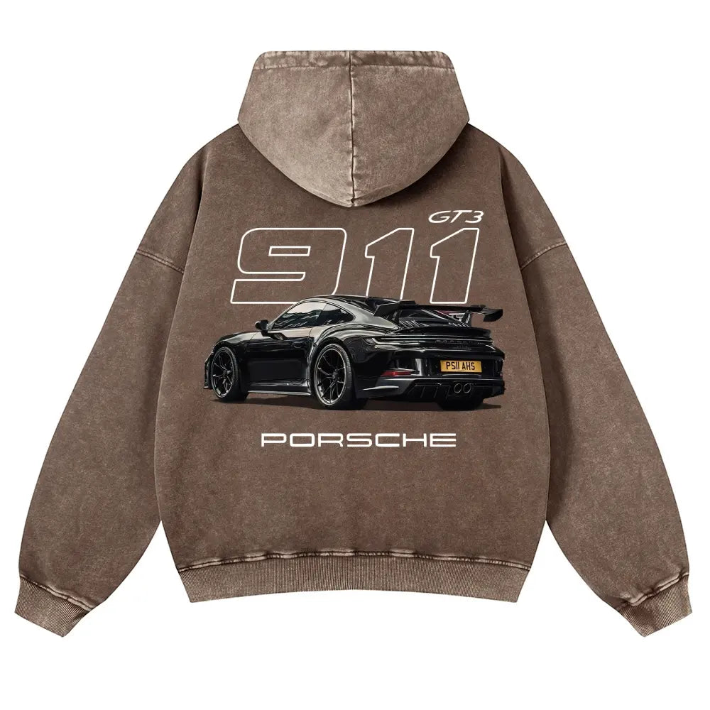 Men's 380g Thick Cotton Hoodie - 911 GT3 Graphic, Vintage Washed, Retro Fade Craft, Long-Sleeves, Unisex Pullover Tops, Soft Fabric, Street Wear Menswear Sweatshirts, Casual Warm