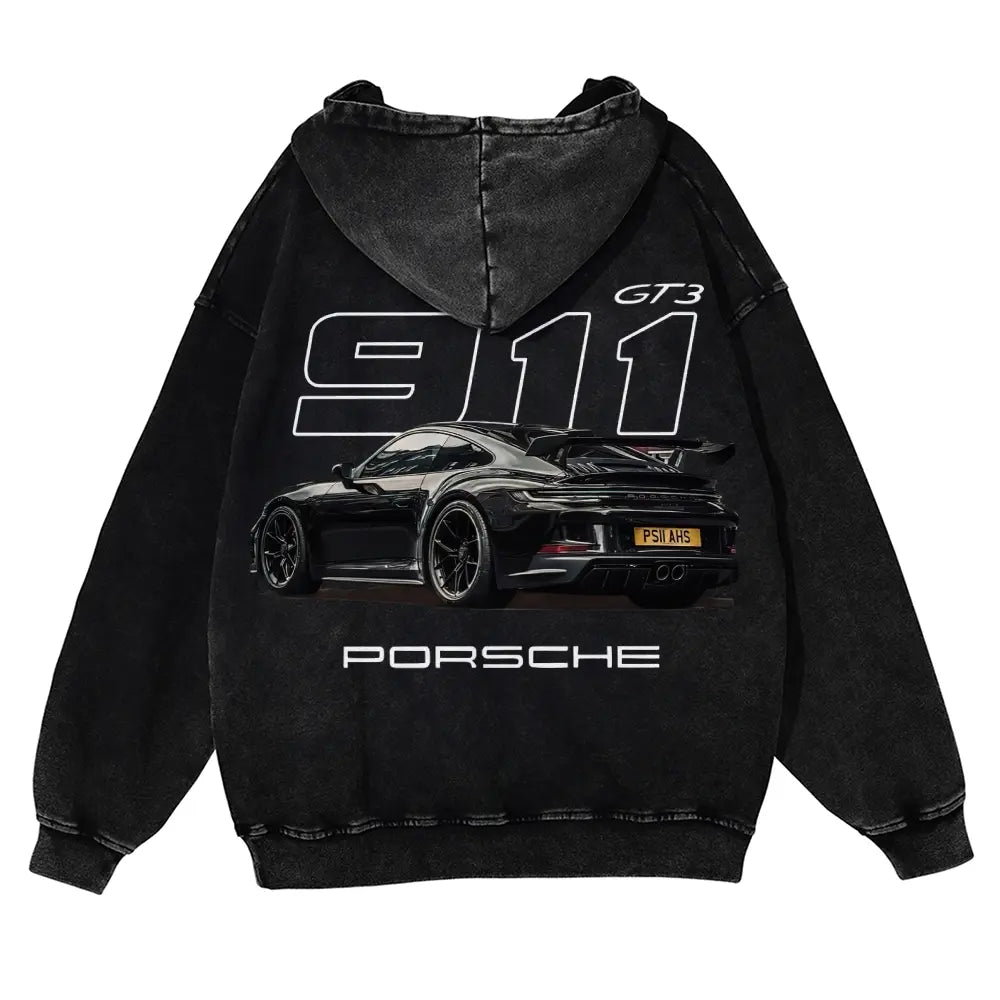 Men's 380g Thick Cotton Hoodie - 911 GT3 Graphic, Vintage Washed, Retro Fade Craft, Long-Sleeves, Unisex Pullover Tops, Soft Fabric, Street Wear Menswear Sweatshirts, Casual Warm