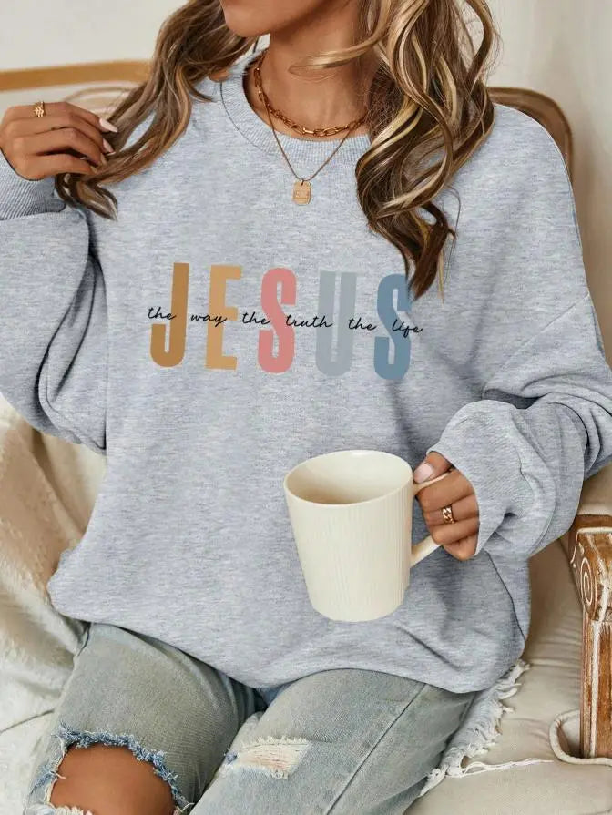 Women's Jesus Letter Pattern Crew Neck Long Sleeve Loose Fit Cotton Hoodie - Breathable Eco-Friendly Solid Piece Fabric Top for Autumn Winter Everyday Womenswear
