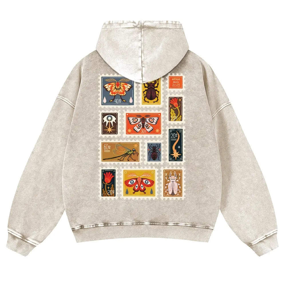 Unisex 380g Washed Brown Vintage Insect Stamp Print Cotton Pullover Hoodie - Soft, Oversize, Casual Longsleeves Tops, Vintage Clothing, 3XL Menswear Autumn Apparel, Cold Wash Compatible