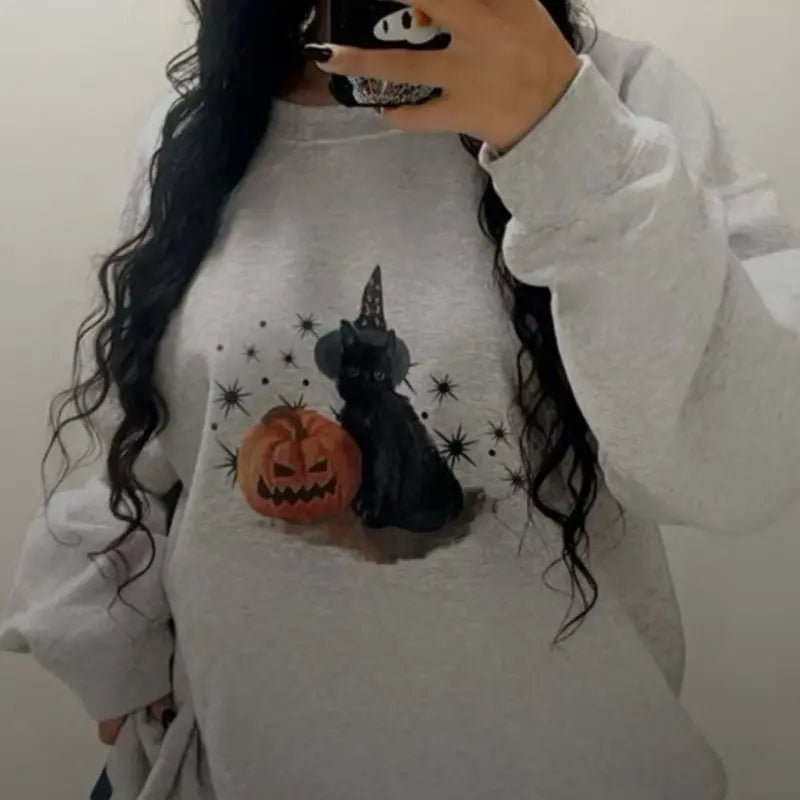 Spooky Cat Crewneck - VINTAGE WASH Halloween Spooky Season Ash Gray Sweatshirt - Black Cat and Pumpkin Crewneck