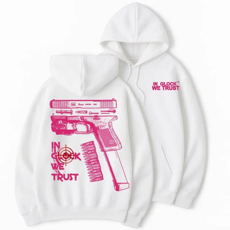 Relaxed Fit Gothic Hoodie with "In Glock We Trust" Witch Graphic, Unisex Fleece Pullover for Couples, Casual Halloween Streetwear, Cotton, M, Party, Tops, Sweatshirts, Menswear, Long Sleeve, New Year, Aesthetics, Thanksgiving